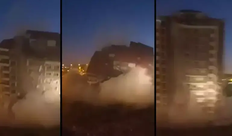 16 katlı bina iş makinesinin darbesiyle yerle bir oldu