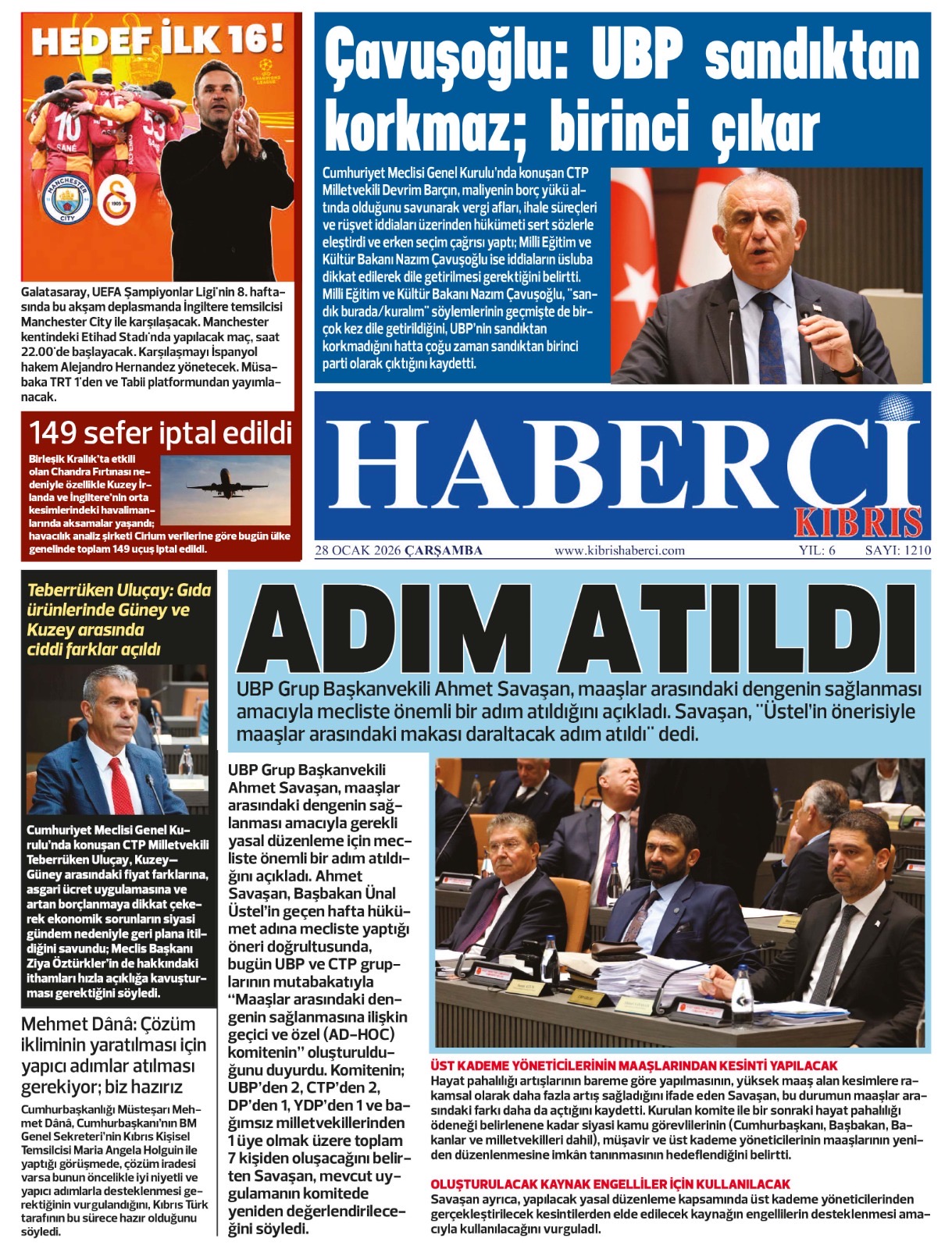 28 OCAK ÇARŞAMBA- GAZETE MANŞETİMİZ